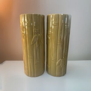 Orchids of Hawaii Yellow Ceramic Tiki Vase Bamboo 6 1/2" Taiwan Set Of Two
